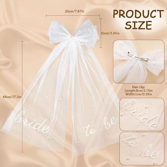 ?Women White Bridal Veil White Pearl Wedding Veil Hair Clip Tulle Bachelor Bow